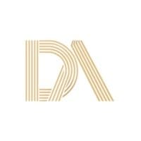 Gold monogram logo with overlapping linear letters forming 'DA'.
