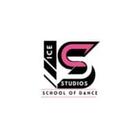 Black, white, and pink logo for Ice Studios School of Dance with a stylized letter 'S'.