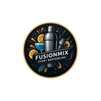 Circular badge logo for FusionMix Event Bartending featuring an illustrated cocktail shaker and citrus splash.